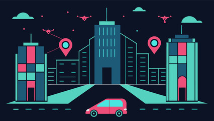 Obraz premium In between buildings designated landing zones are marked with neon lights guiding eVTOLs to their designated areas and ensuring safe navigation throughout the campus.. Vector illustration