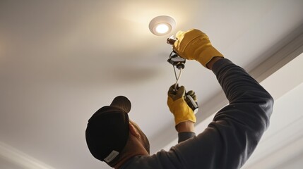Electrician installing recessed lighting in a home ceiling. Featuring expertise and design