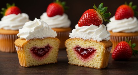 Delightful strawberry cupcakes with creamy filling and fresh fruit topping displayed