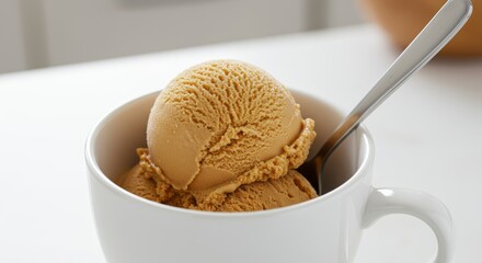 Delightful caramel ice cream scoop in a ceramic mug with metal spoon allure