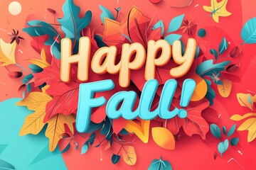 This lively artwork captures the essence of autumn, featuring bold text that says happy fall surrounded by a variety of colorful leaves. Warm tones evoke the spirit of the season.
