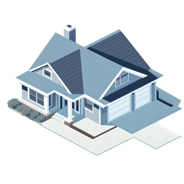 Isometric vector drawing of a rambler house, clean blue angles and gray highlights, horizontal format, white background