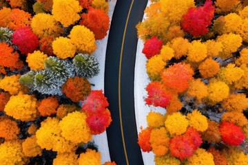 Autumn Road: Colorful Foliage and Snowy Banks.
