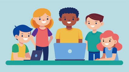 A group of children gathered around a laptop watching an online tutorial on how to build their own computer.. Vector illustration