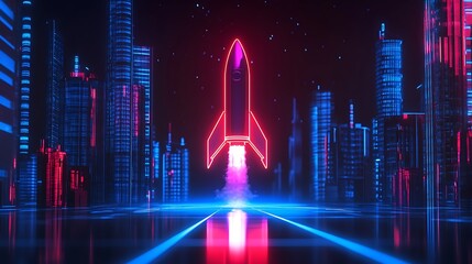 Neon rocket launch in a glowing city backdrop representing an innovative startup