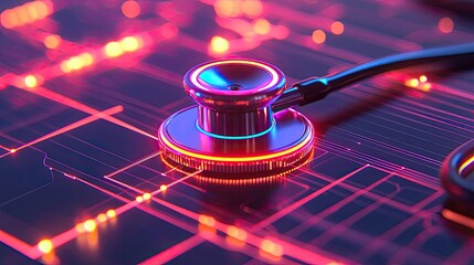 Stethoscope on digital circuit board network hologram future concept. A futuristic stethoscope on a digital circuit background.