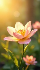 Naklejka premium Soft petals of delicate yellow and pink hues delicately dance amidst lush greenery on a warm background , soft petals, elegant flowers