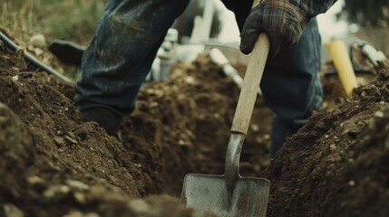 A construction worker digging a trench for plumbing installation. Featuring precision and effort