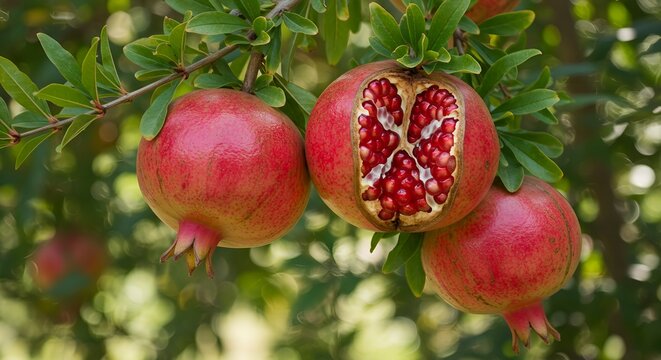 Ripe Pomegranates on Branch, Karachi Fruit Harvest, Juicy Red Pomegranates, Sindh Orchard Bounty