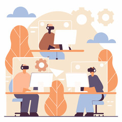 People work in office design flat. Business woman and man, computer worker