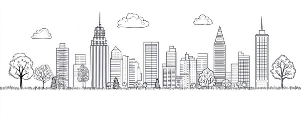 Obraz premium A city skyline with a tree in the foreground. The city is full of tall buildings and the sky is cloudy