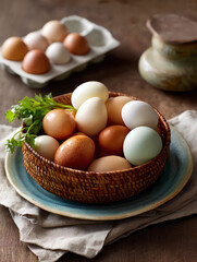 Basket of fresh organic eggs from backyard chickens beside handmade ceramic egg tray on rustic wooden table showcasing local farm lifestyle
