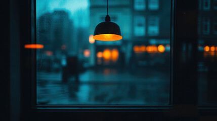 Fototapeta premium A lamp hanging from a window in a city. The light is yellow and the window is foggy