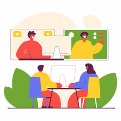 People work in office design flat. Business woman and man, computer worker