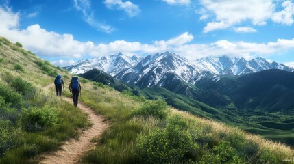 Hikers on Mountain Trail Towards Snow Capped Peaks