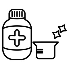 Medicine bottle with measuring cup, used for accurate liquid dosage
