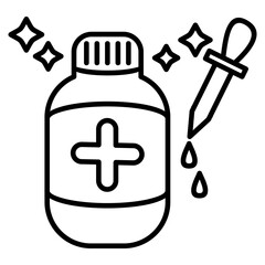 medical bottle with a plus sign in the middle, and a pipette next to it that drips 2 drops of water