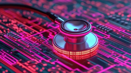 Stethoscope on digital circuit board future cyber hologram concept. Stethoscope on a digital circuit board background with neon lights.