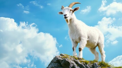 Obraz premium Majestic White Goat on Mountaintop under Blue Sky