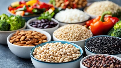 Naklejka premium A Diverse Selection of Healthy Foods: Grains, Legumes, Nuts, and Vegetables