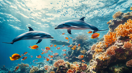Fototapeta premium Pod of dolphins swimming alongside a school of vibrant reef fish captured in crystal clear tropical waters with rich coral formations
