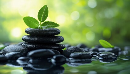 Zen Garden Serenity: Stacked Black Stones with Lush Green Leaves Reflecting in Tranquil Water
