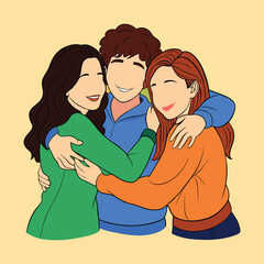 Three friends embracing each other New Year Object in a heartwarming group hug illustration