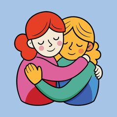 Two women embracing each other tightly, New Year Object  a symbol of love and friendship