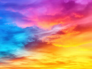 Obraz premium A vibrant sky painted in shades of blue, purple, orange, and yellow, showcasing a stunning sunset or sunrise with soft, dramatic cloud formations.