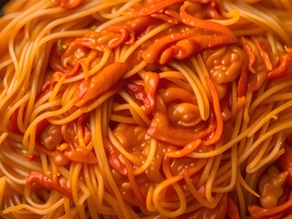 italian food pasta in the bowl, spaghetti with tomatoes, top view.