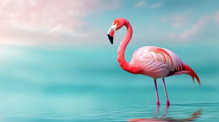 Fototapeta premium Pink Flamingo in Turquoise Water Under a Pastel Sky