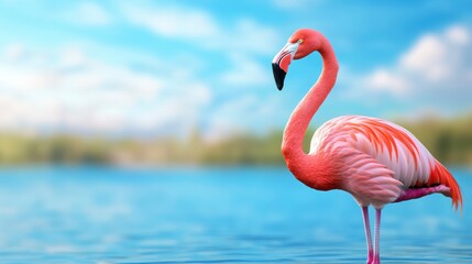 Fototapeta premium Pink Flamingo in Blue Water Under a Bright Sky