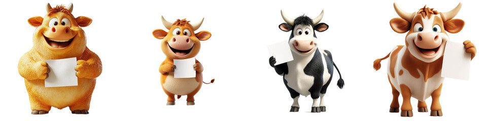 Naklejka premium Cheerful Cartoon Cows Holding Blank Papers with Smiling Expressions in a Row