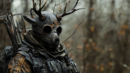 Fototapeta premium Mysterious figure with clad in weathered gear a striking deer antler mask stands in a desolate forest for image evokes a post-apocalyptic world concept.