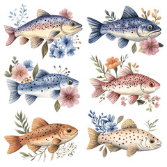 Fototapeta premium Colorful Illustrated Fish with Botanical Elements and Floral Accents for Artistic Designs