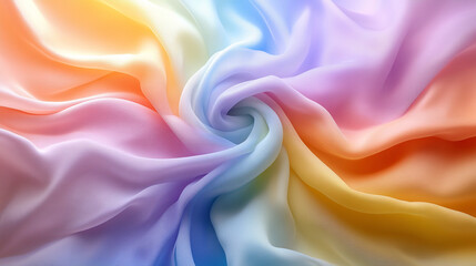 Obraz premium A colorful spiral with pastel rainbow hues creates a dreamy, abstract atmosphere. The grainy 3D render showcases a holographic iridescent wave in motion, symbolizing fluidity and transformation.