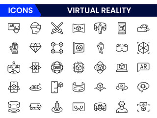 Vector illustration web line icon collection depicting virtual reality—headset, immersive experience, simulation, 3D graphics, controller, VR gaming, and digital interaction elements.