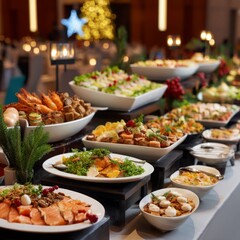 Obraz premium A Festive Banquet Display Featuring an Array of Gourmet Dishes, Fresh Salads, and Seasonal Delicacies for a Memorable Celebration Event
