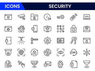 Vector illustration web line icon collection showcasing security—shield, lock, firewall, fingerprint, surveillance camera, key, antivirus, encryption, secure access, and cybersecurity protection eleme