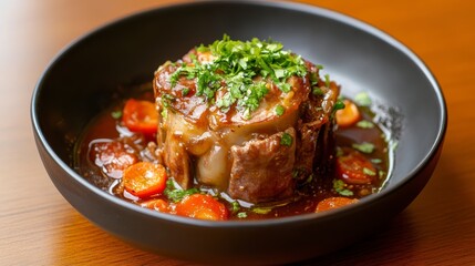 Fototapeta premium Savory Braised Meat Dish with Brown Sauce and Herb Garnish