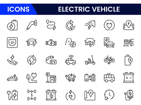 Vector illustration web line icon collection showcasing electric cars charging stations, EV batteries, eco symbols, plug-in icons, sustainable energy, clean transport, and futuristic mobility elements