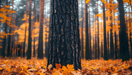 Obraz premium Majestic autumn forest scene with blurred background, focus on a dark tree trunk surrounded by fallen golden leaves.
