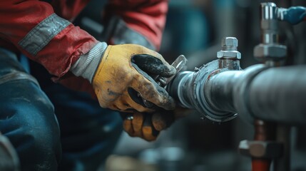 A construction worker fixing a pipe at a construction site. Featuring precision and focus