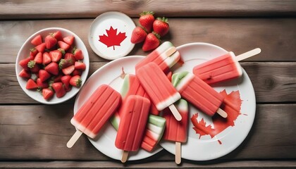 Watermelon pops with maple syrup and a Canadian flag, representing Canada Day celebrations with red and white elements