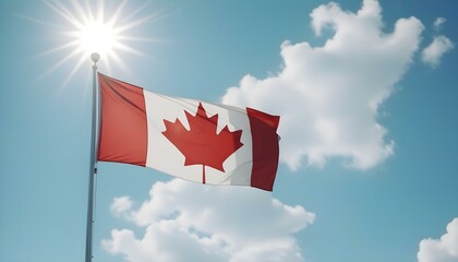 Canadian flag waving under a sunny sky, symbolizing pride and celebration on Canada Day, July 1st