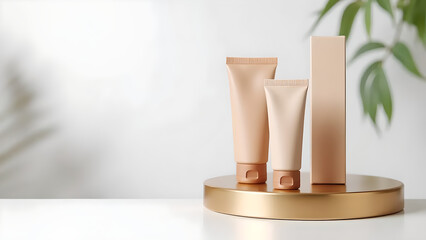 business concept, product display, A natural cosmetic tube and box, Product presentation. white on a background, Beauty and body care product concept with copy space