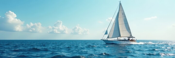 A majestic sailboat gliding across the calm ocean surface with waves gently rolling in the background, calm waters, blue sea