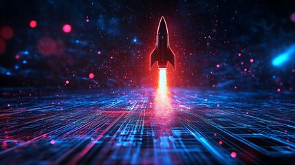 Illustration of a rocket taking off in a neon-filled environment representing startup success