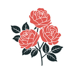 Graphic Cluster of Three Red Roses with Leaves