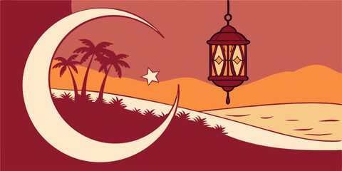 2025 ,Eid Al Azha Mubarak greetings image, Crescent moon shape with lantern lamp dark red on the beach during sunset vector illustration.
